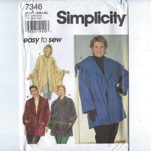 Simplicity Pattern #7346 Easy to Sew Women's Jackets and Poncho - Size A S/M-L/X